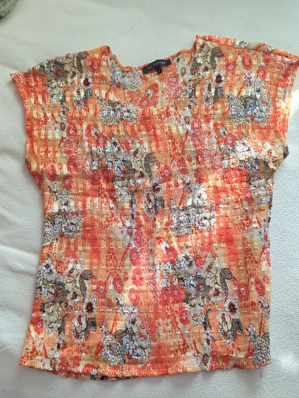 Le Caviar NWOT Orange/Gold Floral Short Sleeve Blouse Size Small